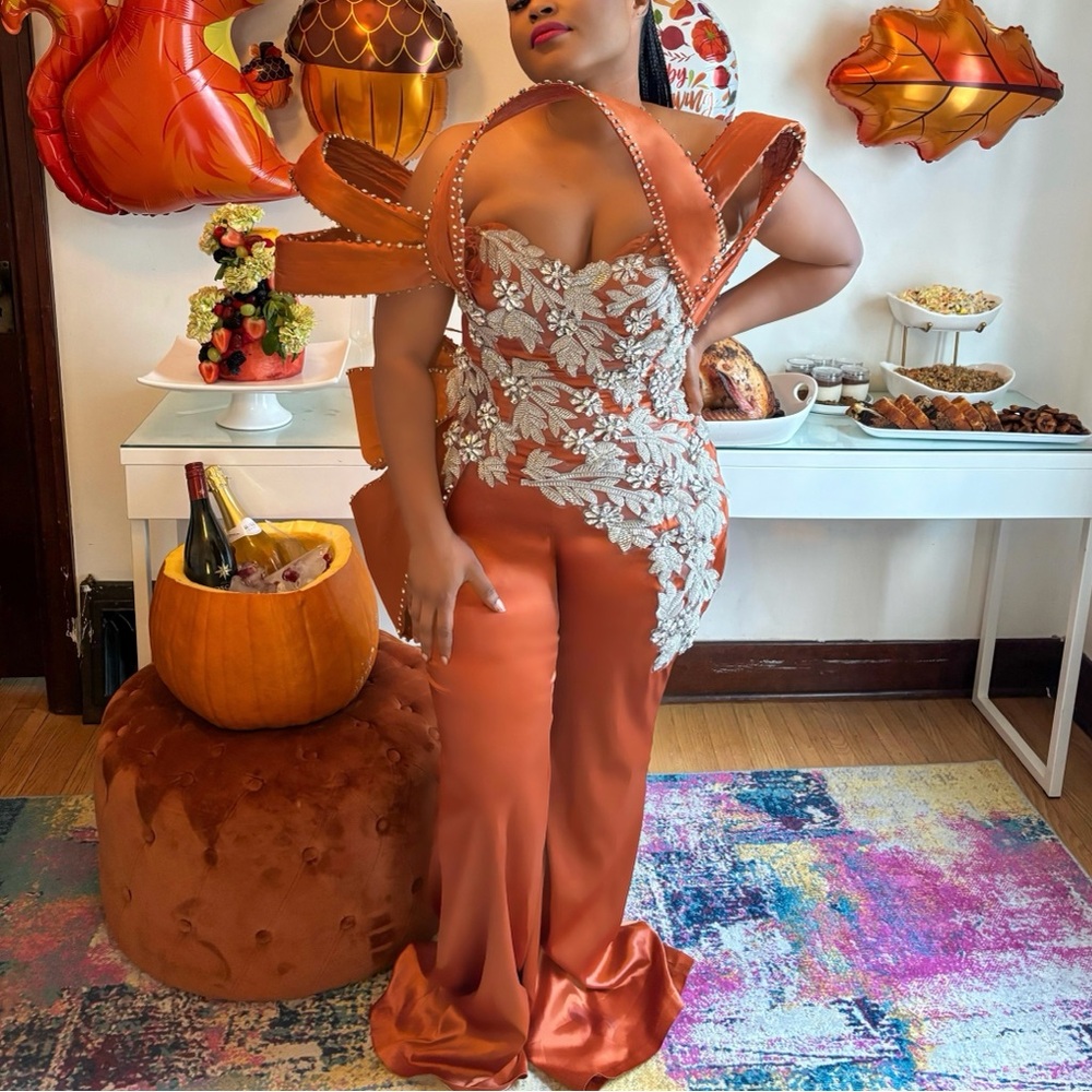 Elegant Orange Gown with White Floral Embroidery